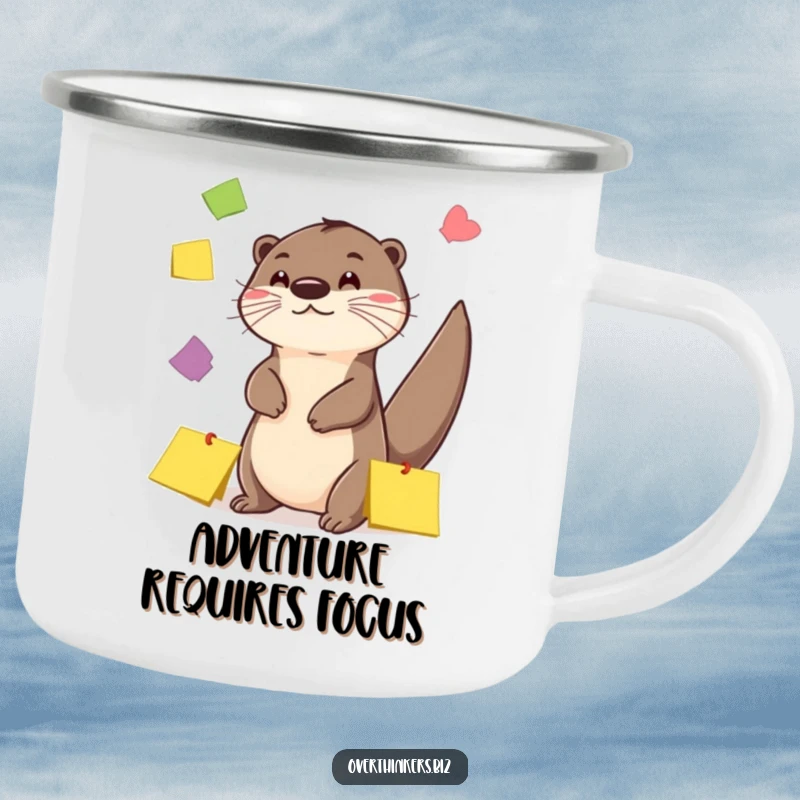 Funny Otter Sticky Note Juggling Camping Mug: A durable mug with a playful otter juggling sticky notes, for outdoor fun.