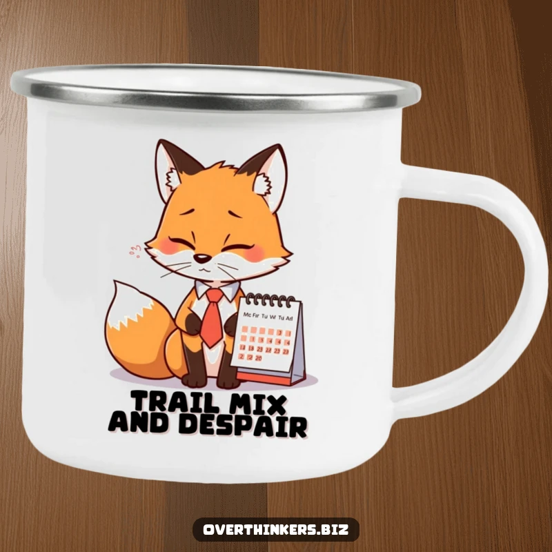 Funny Fox Tie Calendar Sigh Camping Mug: A fox in a tie sighs at a calendar, a durable mug for humorous outdoor enjoyment.