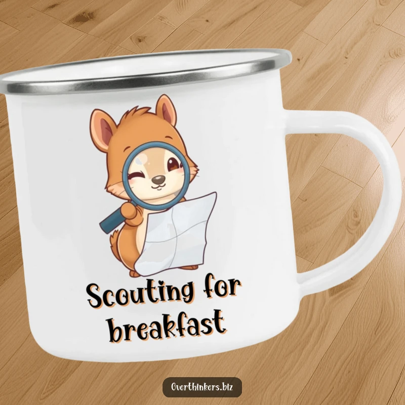 Funny squirrel holding a magnifying glass, examining a crumpled piece of paper, printed on a sturdy enamel camping mug.