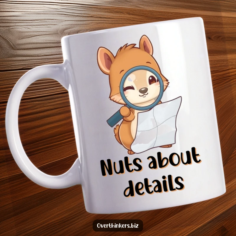 Funny squirrel intently holding a magnifying glass, examining a crumpled piece of paper, depicted on a ceramic mug.