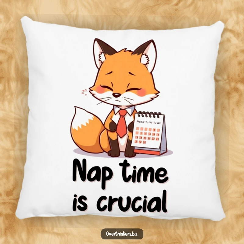 Funny Fox Tie Calendar Sigh Pillow: A soft pillow featuring a fox in a tie sighing at a calendar, for humorous comfort.