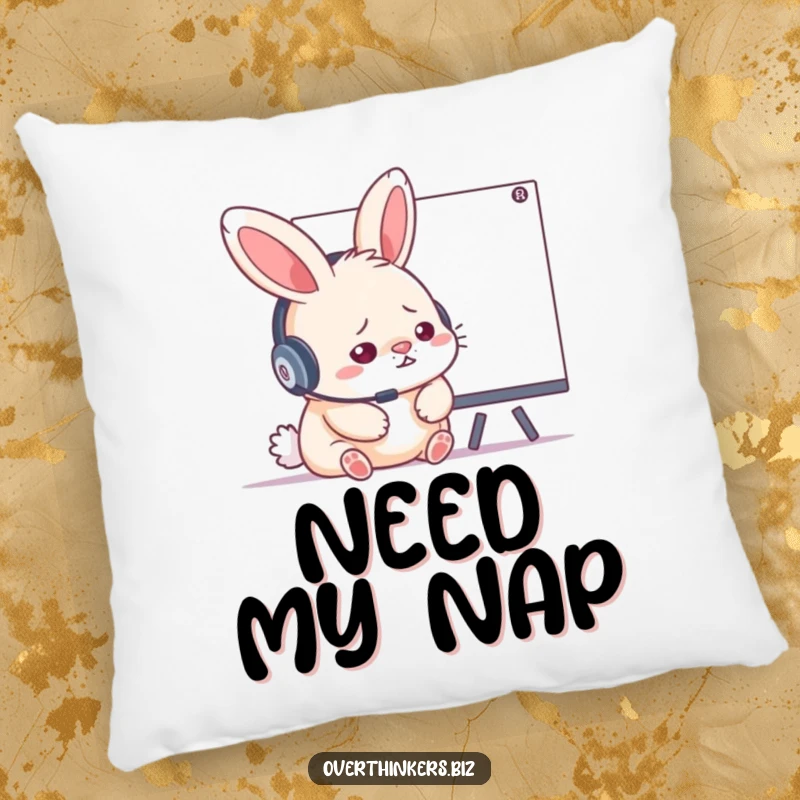 Funny and cute stressed rabbit wearing a headset, looking at a whiteboard, featured on a soft and comfortable throw pillow.