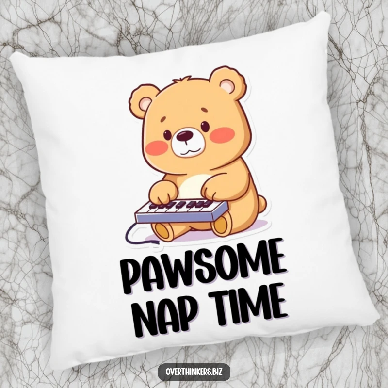 Funny and cheerful bear furiously typing on a miniature keyboard, featured on a soft throw pillow.