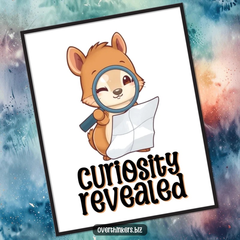 Funny digital illustration of a squirrel holding a magnifying glass, examining a crumpled piece of paper, humorous wall art.