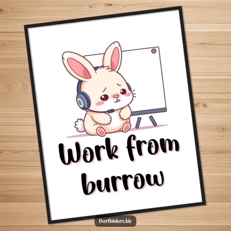 Funny digital illustration of a stressed rabbit with a headset, looking at a whiteboard, humorous wall art for workspaces.