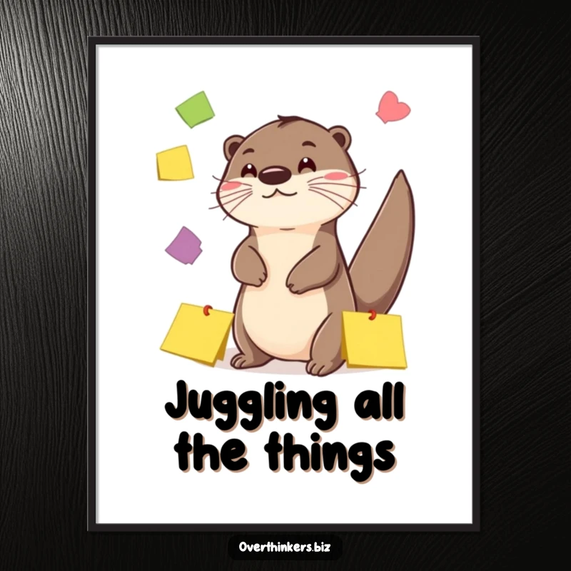 Funny Otter Sticky Note Juggling Digital Art Print: Printable art of a playful otter juggling colorful sticky notes, for instant fun.