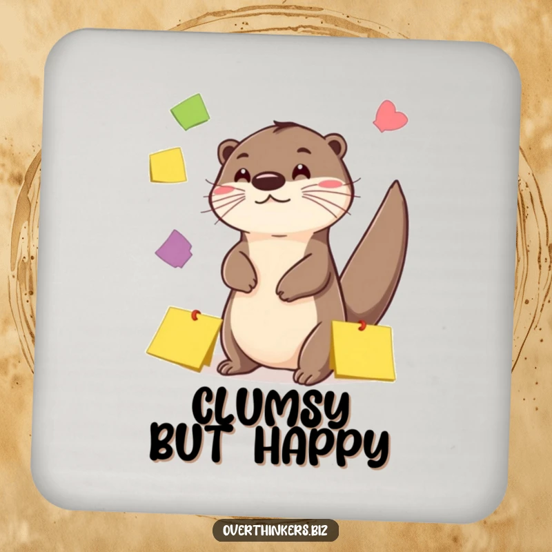Funny Otter Sticky Note Juggling Coaster: A coaster featuring a playful otter juggling colorful sticky notes, for surface protection.