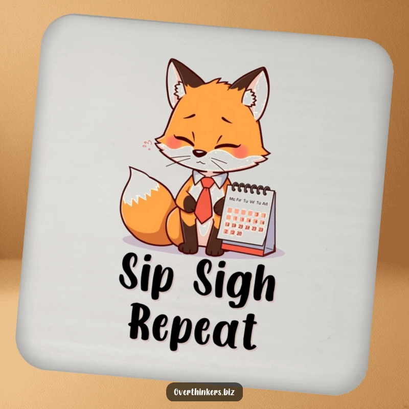 Funny Fox Tie Calendar Sigh Coaster: A coaster with a fox in a tie sighing at a calendar, for humorous surface protection.