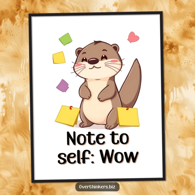 Funny Otter Sticky Note Juggling Poster: Whimsical wall art of a playful otter juggling colorful sticky notes with its tail.