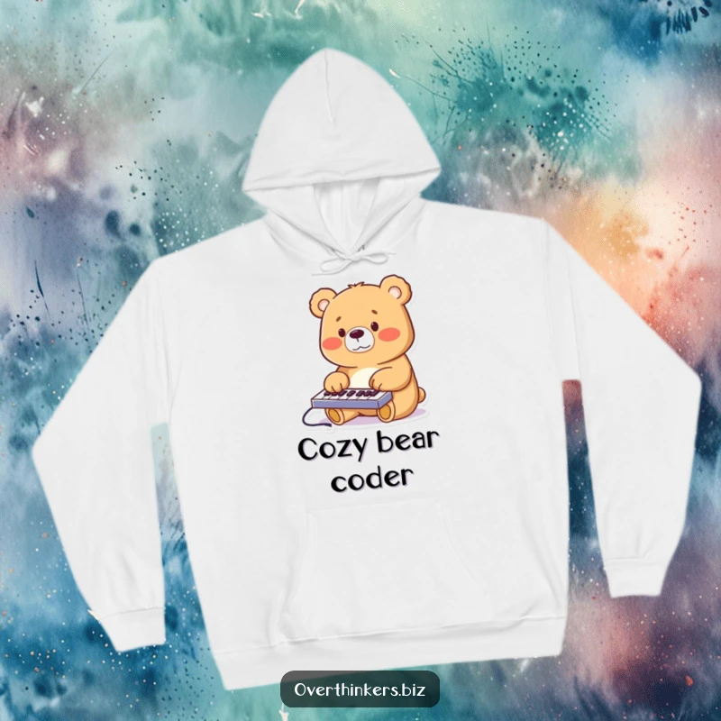 Funny cheerful bear furiously typing on a miniature keyboard with its paws, printed on a warm and comfortable hoodie.