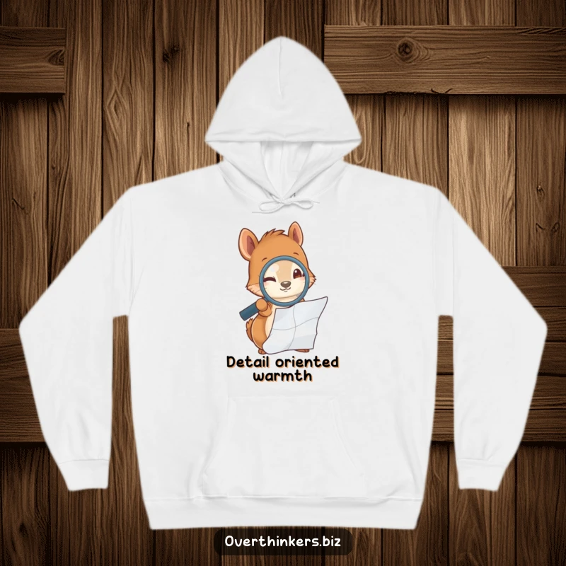 Funny squirrel holding a magnifying glass, examining a crumpled piece of paper, printed on a warm and comfortable hoodie.