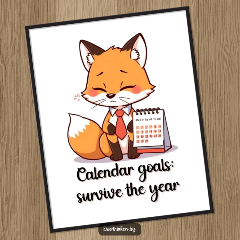 Funny free printable wall art of a fox wearing a tie, dramatically sighing while looking at a calendar, conveying workload stress.