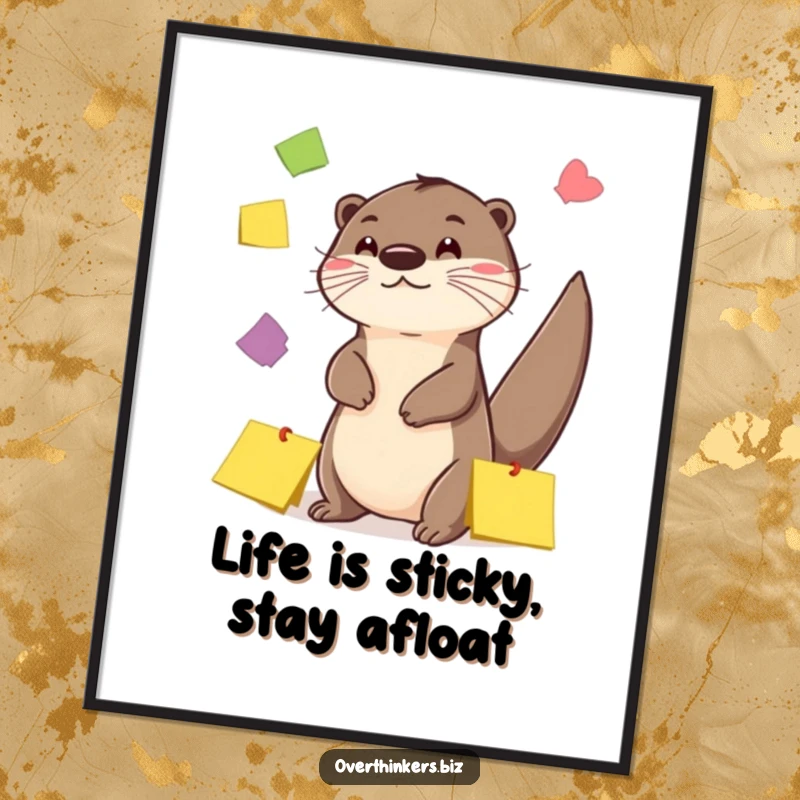 Funny free printable wall art of a playful otter juggling numerous colorful sticky notes with its tail, evoking a sense of fun.