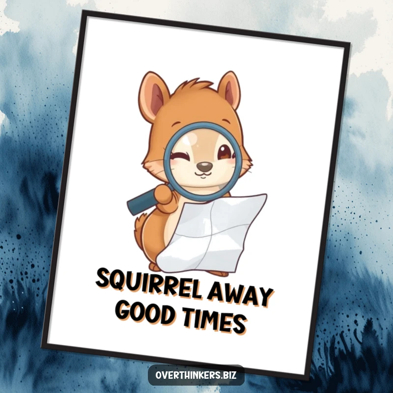 Funny Free Printable Wall Art of a squirrel holding a magnifying glass, meticulously examining a crumpled document with intense, curious focus.