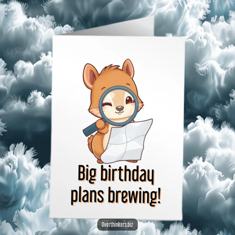 Funny Free Printable Birthday Card: A squirrel with a magnifying glass intently examines a crumpled paper, looking like a tiny detective.