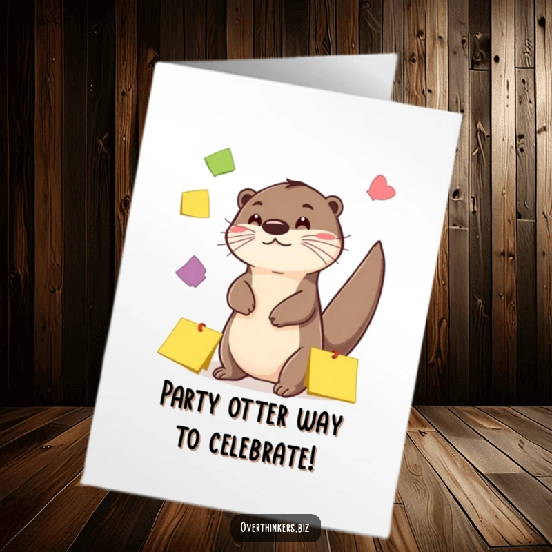 Funny free printable birthday card of a playful otter skillfully juggling colorful sticky notes with its tail, full of energy.