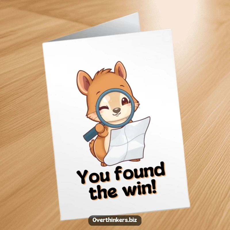 Funny Free Printable Congratulations Card: A focused squirrel uses a magnifying glass to inspect a crumpled document, celebrating a major discovery.