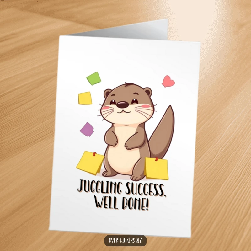 Funny free printable congratulations card depicting a playful otter energetically juggling many colorful sticky notes with its tail, showcasing skill.