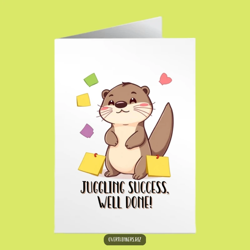 Free Printable Otter Congrats Card: Sticky Note Juggling - Joyful Downloadable Gift!