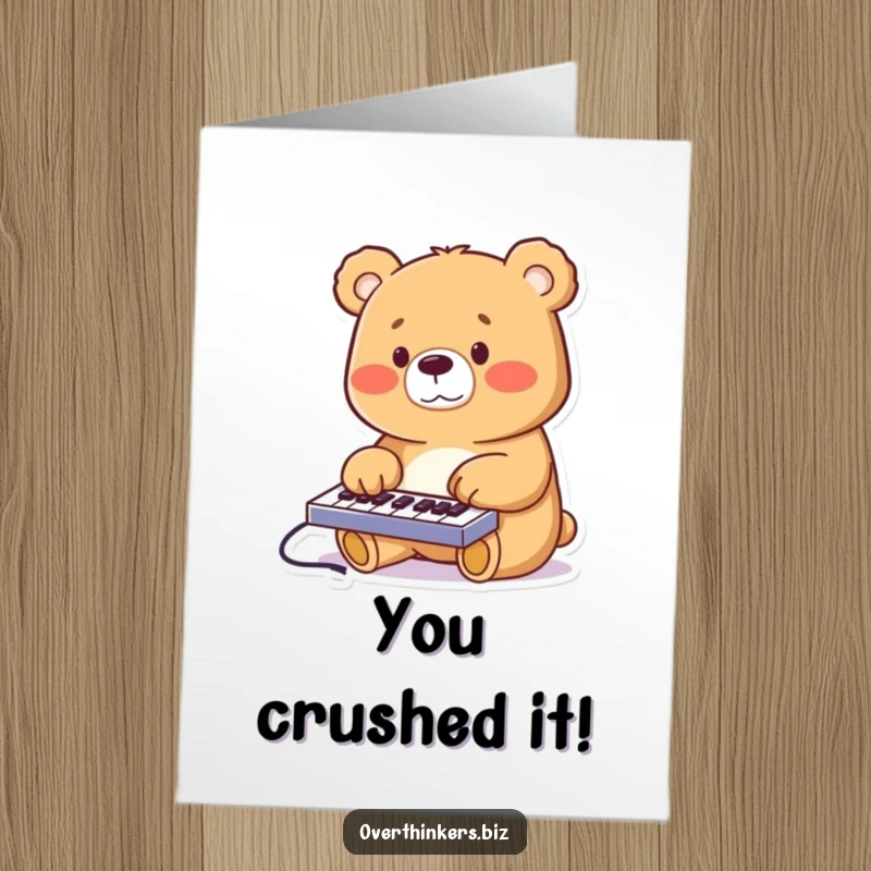Funny Free Printable Congratulations Card: A cheerful bear furiously taps on a miniature keyboard, celebrating a successful project completion.