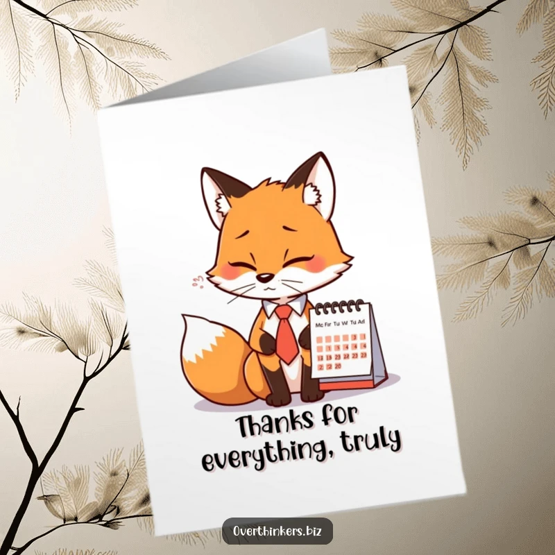 Funny free printable thank you card of a fox in a tie, sighing at a calendar, conveying heartfelt, albeit stressed, gratitude.