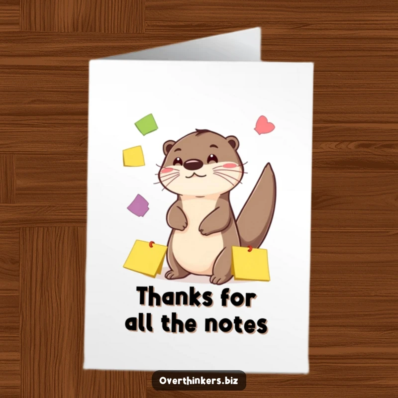 Funny free printable thank you card of a playful otter juggling colorful sticky notes with its tail, conveying energetic appreciation.