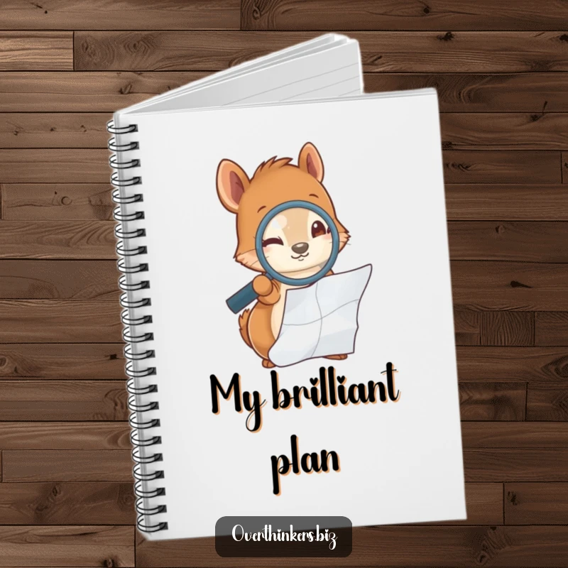Funny squirrel holding a magnifying glass, examining a crumpled piece of paper, on the cover of a lined notebook.