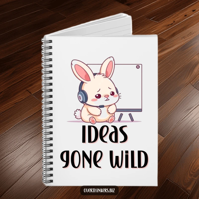 Funny stressed rabbit wearing a headset, looking at a whiteboard, on the cover of a lined notebook for all your plans.