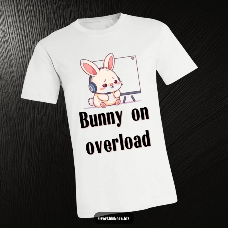 Funny fluffy rabbit in a headset, looking stressed and overwhelmed at a whiteboard, printed on a comfortable graphic t-shirt.