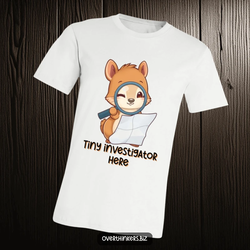 Funny squirrel holding a magnifying glass, closely inspecting a crumpled piece of paper, printed on a comfortable graphic t-shirt.