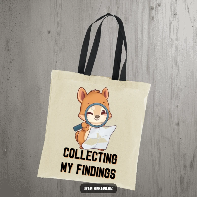 Funny squirrel holding a magnifying glass, examining a crumpled piece of paper, printed on a durable tote bag.