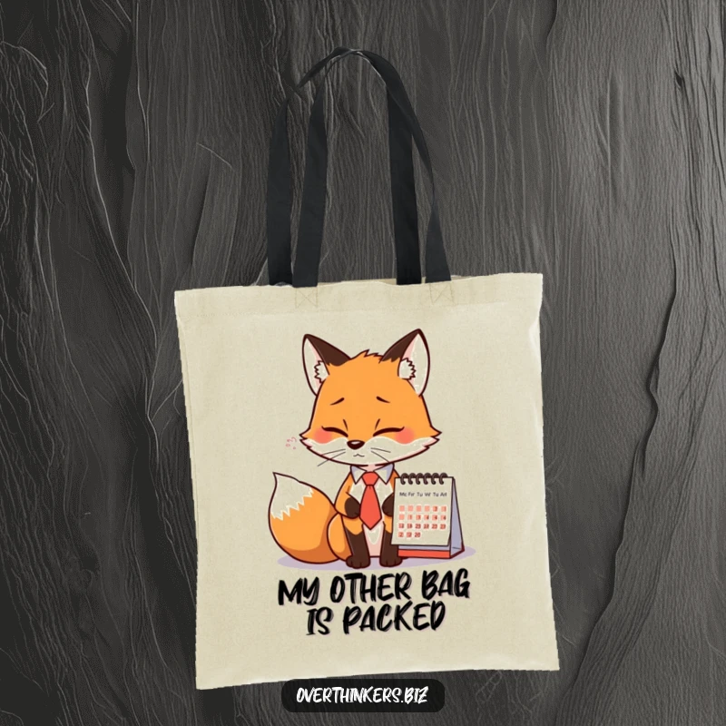 Funny Fox Tie Calendar Sigh Tote Bag: A fox in a tie sighs at a calendar, a stylish and humorous tote for daily use.